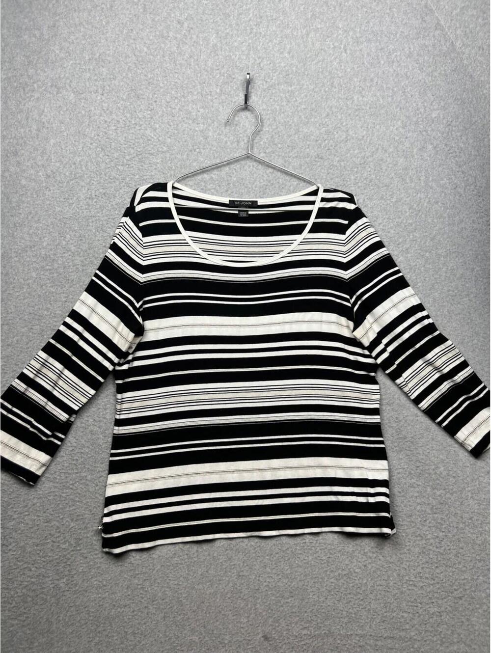 St. John Striped Pullover Shirt Blouse Womens L Simple Minimalist 3/4 Sleeve